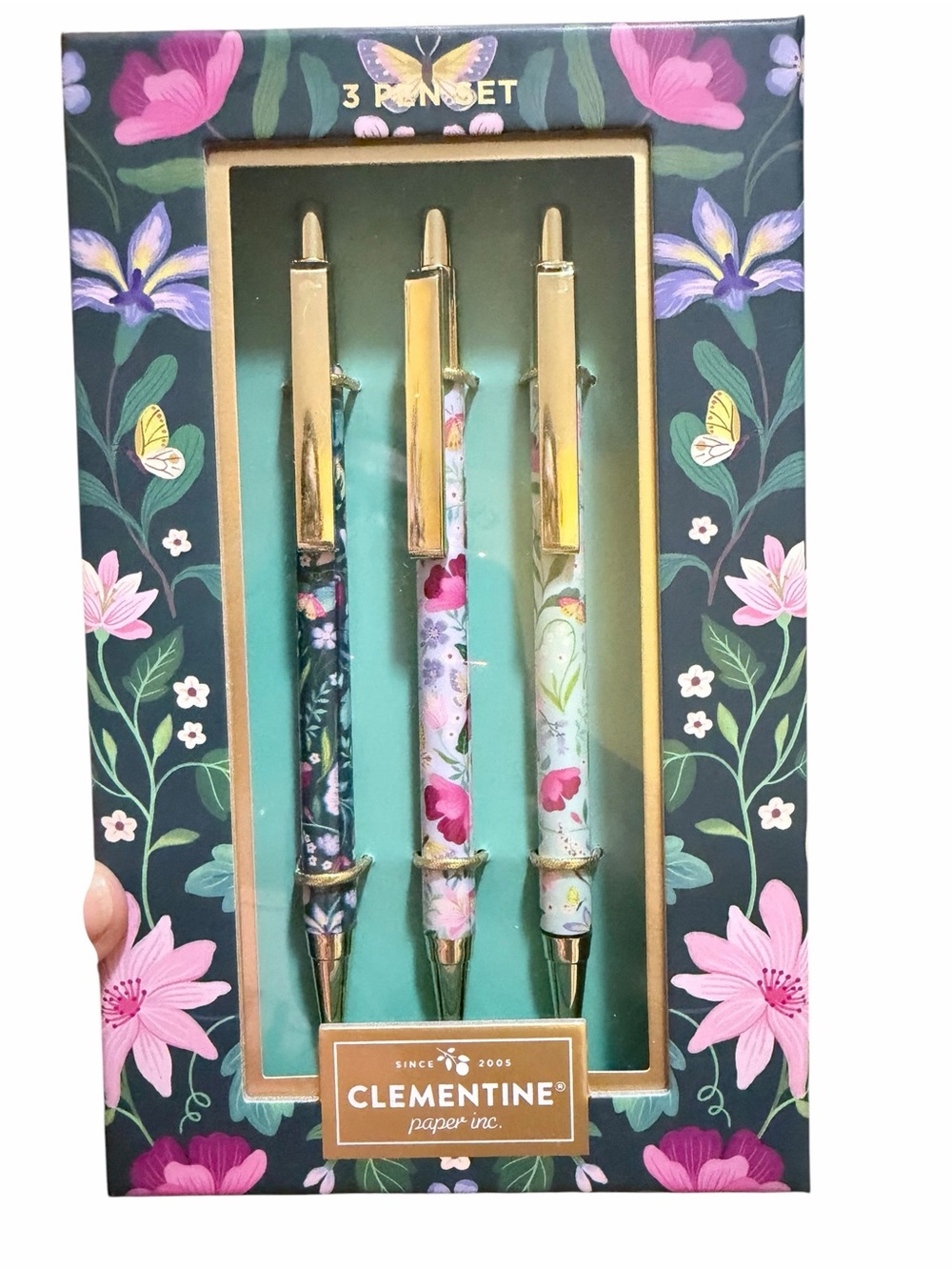 Clementine Floral 3-Piece Gold Accent Ballpoint Pen Set - Teal
